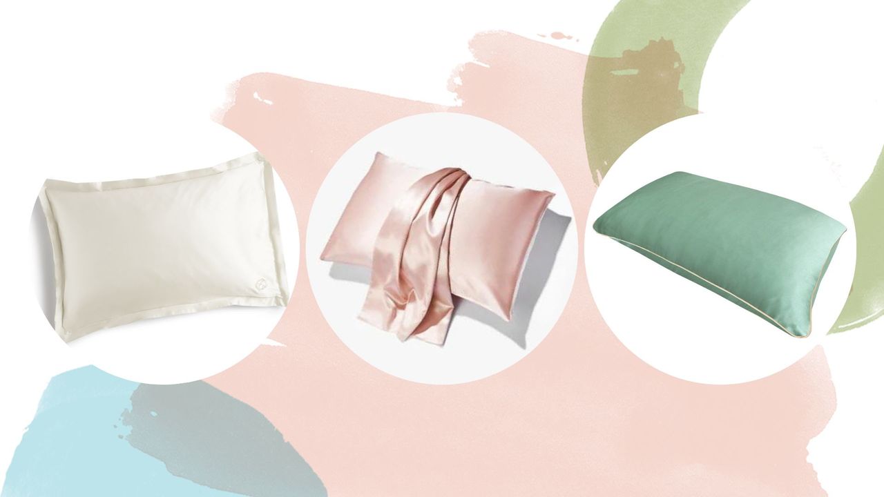 three of w&amp;h&#039;s best silk pillowcases on a blush pink and sage green background 