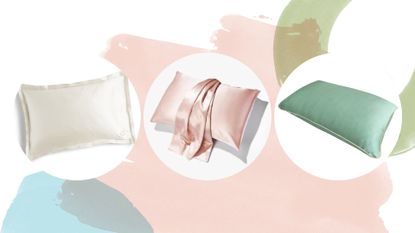 three of w&h's best silk pillowcases on a blush pink and sage green background 