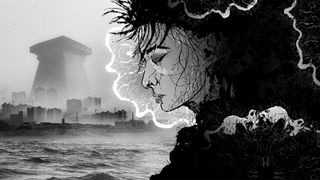 A black-and-white illustration of a young woman in profile, her eyes closed, with her hair and clothing dissolving into intricate organic shapes, skulls, and branching tendrils.