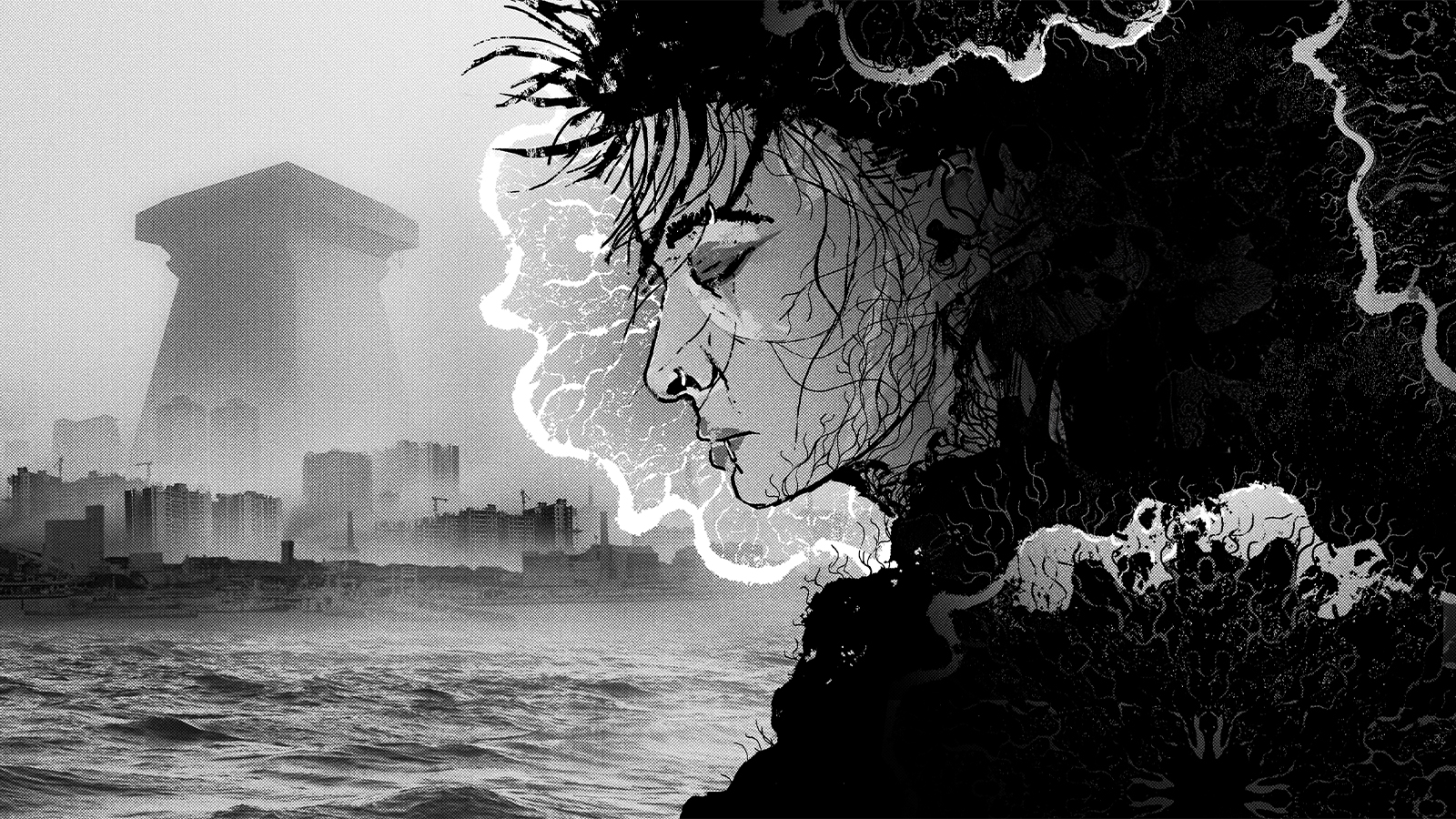 A black-and-white illustration of a young woman in profile, her eyes closed, with her hair and clothing dissolving into intricate organic shapes, skulls, and branching tendrils.