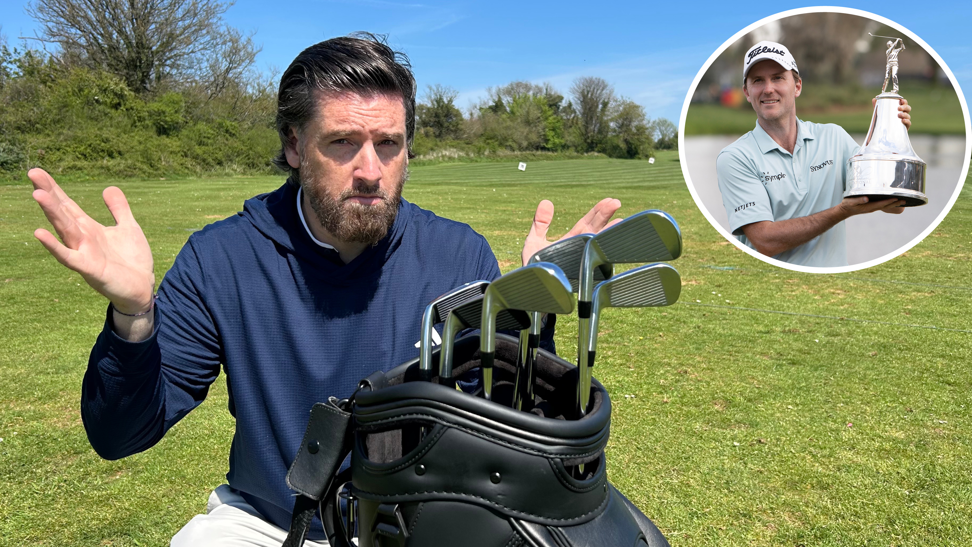 Photo of Joe Ferguson looking at his irons with Russell Henley in the background