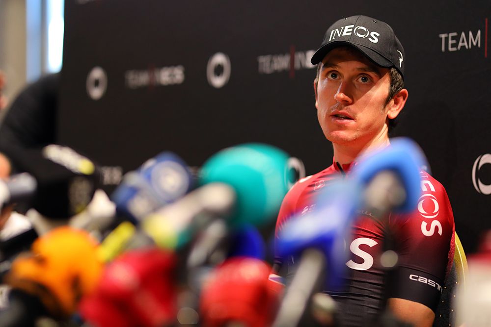 Geraint Thomas (Team Ineos) speaks to the press on the second rest day at the Tour de France