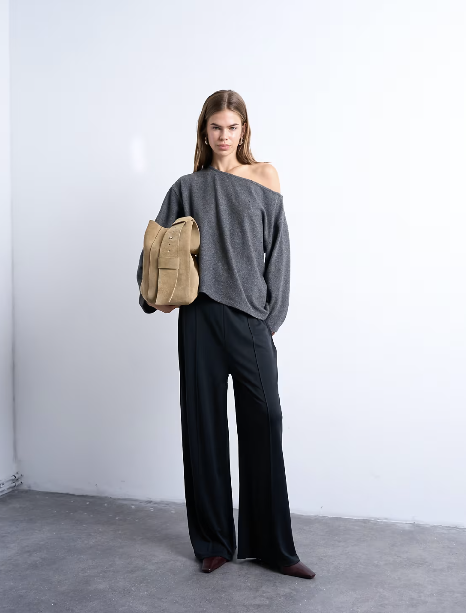Topshop, Soft touch off shoulder asymmetric top in grey marl