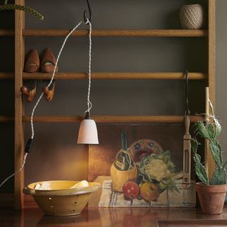 kitchen shelves with plug-in lamp turned on and mixing bowl below