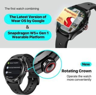 TicWatch Pro 5 promo images from an Amazon listing show the rotating crown and Snapdragon W5+ Gen 1