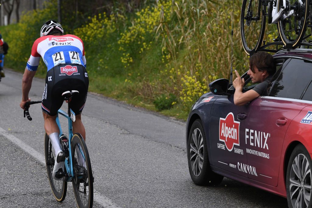 CASTELFIDARDO ITALY MARCH 14 Mathieu Van Der Poel of Netherlands Christoph Roodhooft of Belgium Sports Director Team AlpecinFenix during the 56th TirrenoAdriatico 2021 Stage 5 a 205km stage from Castellalto to Castelfidardo 175m Breakaway Car TirrenoAdriatico on March 14 2021 in Castelfidardo Italy Photo by Tim de WaeleGetty Images