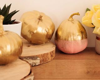 Gold and pink colored pumpkins on a wooden table