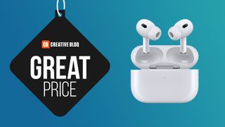 A product shot of the Apple AirPods 2 on a blue background with the words great price