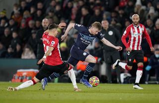 Manchester City’s Kevin De Bruyne gets away from Southampton’s Jan Bednarek during the Premier League match at St Mary’s Stadium, Southampton. Picture date: Saturday January 22, 2022