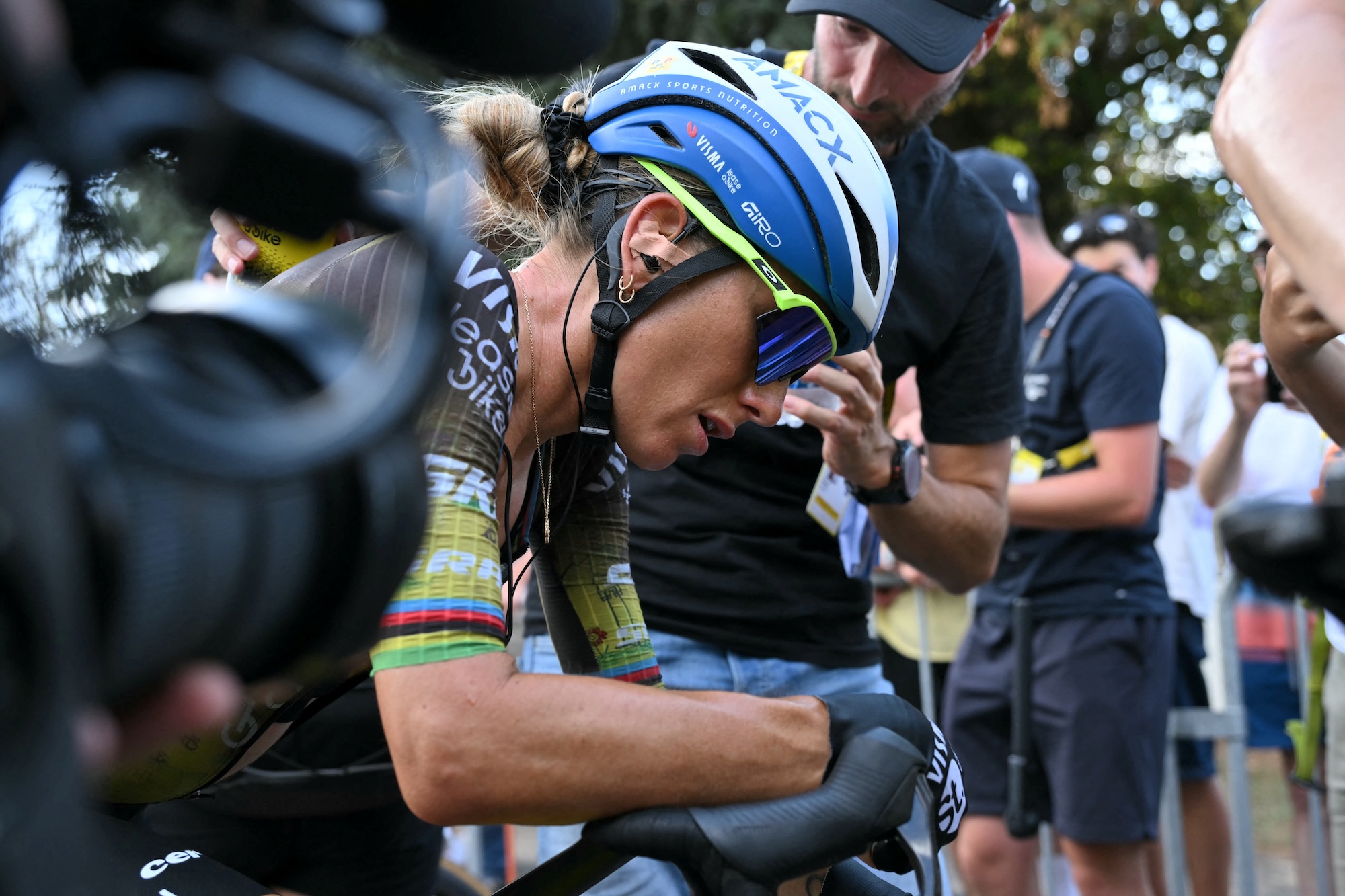 Team Visma | Lease a Bike's French rider Pauline Ferrand-Prevot reacts after stage 5 of the Tour de France Femmes