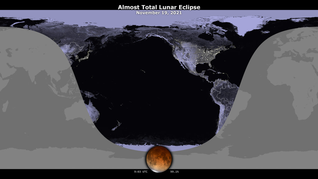 A map showing the visibility of the partial lunar eclipse on Nov. 18-19, 2021.