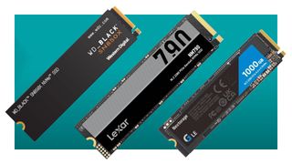An image showing three internal NVMe SSDs angled and lined together, against a teal background with a white border