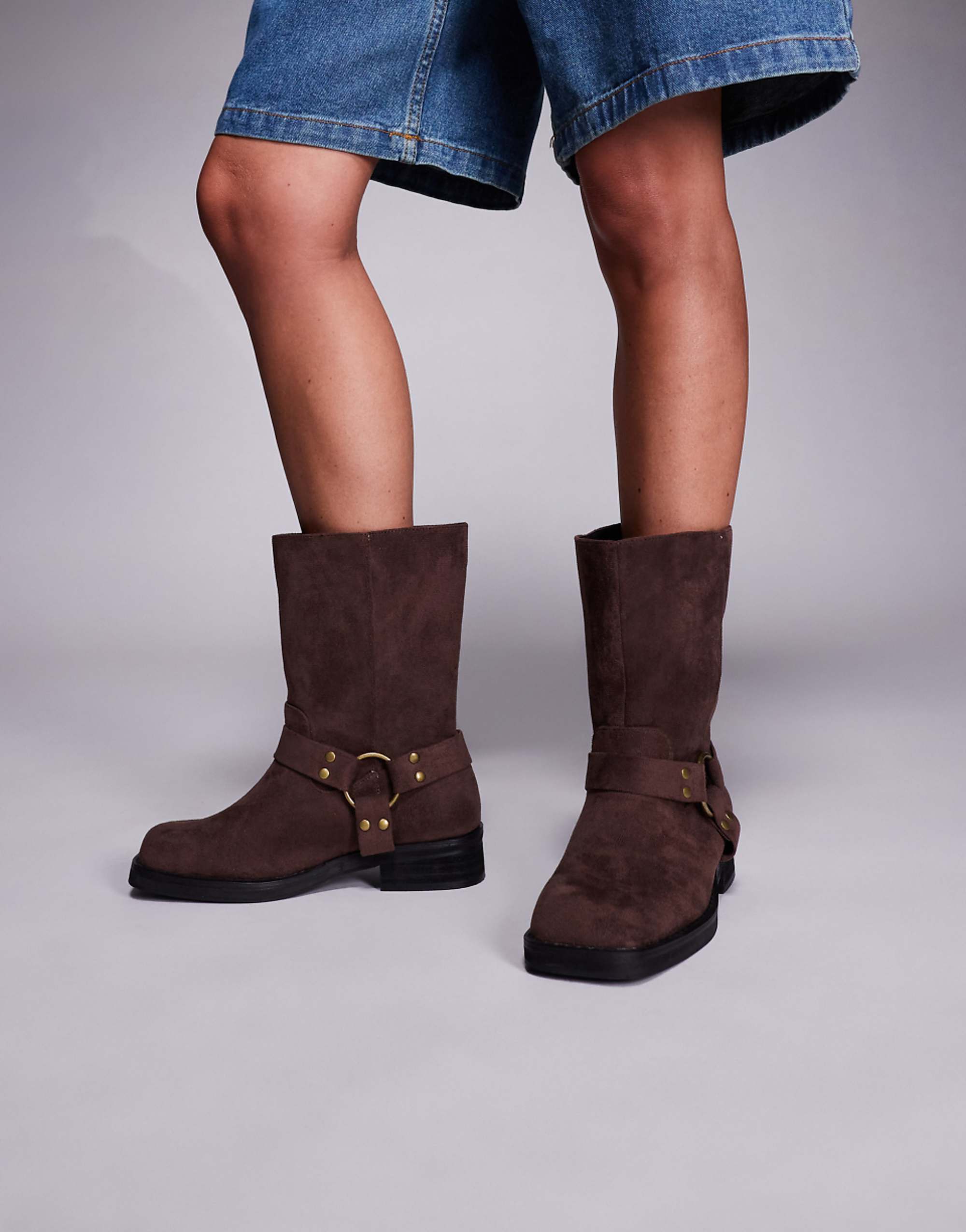 Public Desire Wide Fit Sienna Biker Boots in Brown Faux Suede