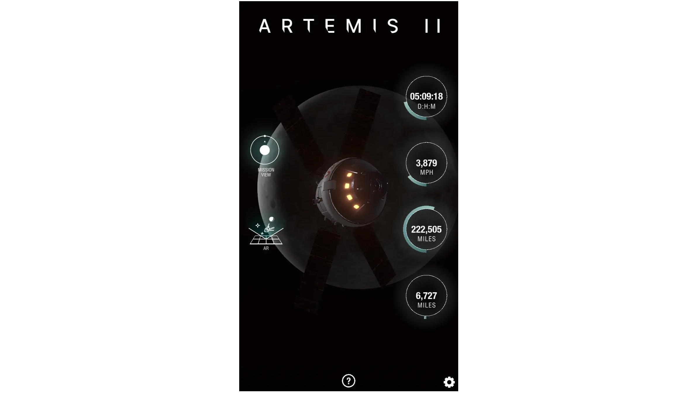 رسم تخطيطي يوضح مركبة فضائية بالقرب من القمر، مع أرقام السرعة والمسافة على اليمين
