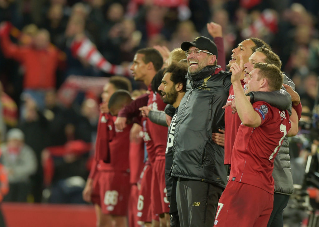 Jurgen Klopp celebrates with Liverpool players after their heroic 4-0 victory over Barcelona