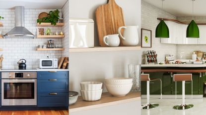 Three interior kitchen ideas, including a blue-coloured cabinet, open shelves and a breakfast bar