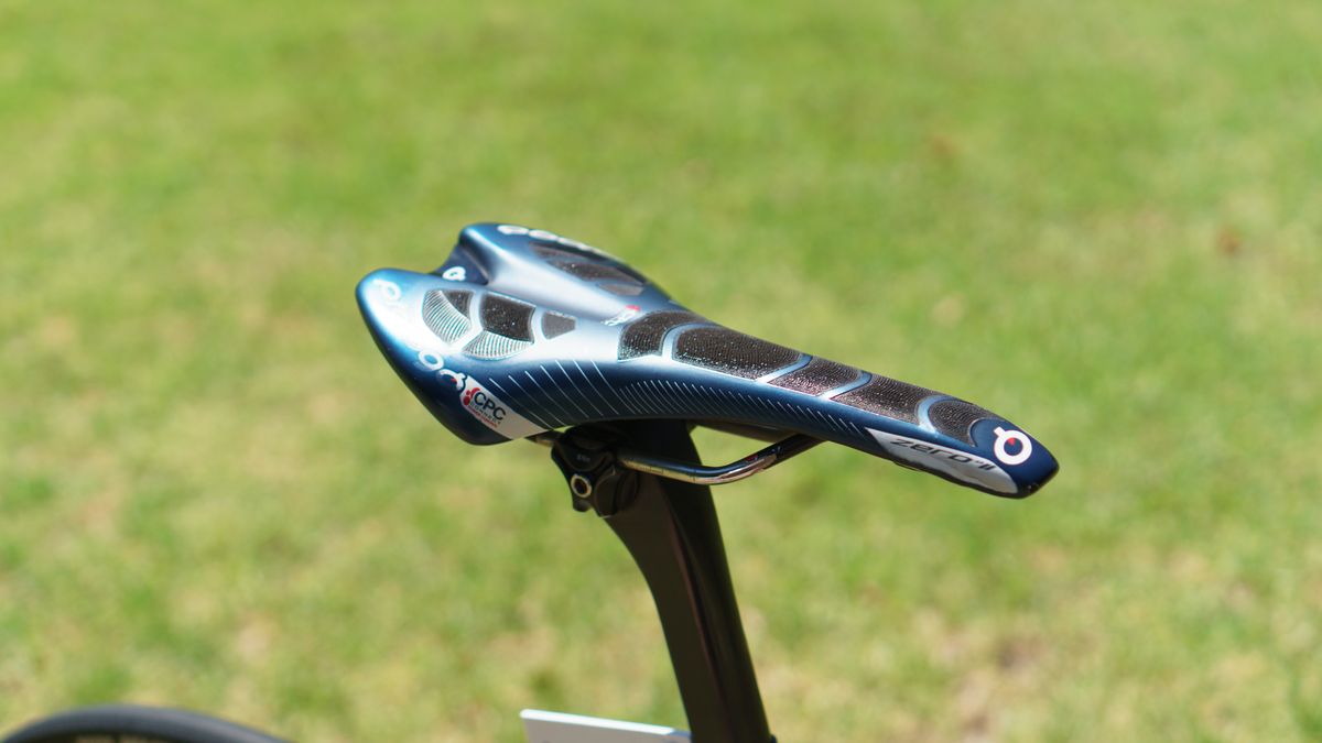 Jackson has her Prologo saddle slammed forwards on the rails