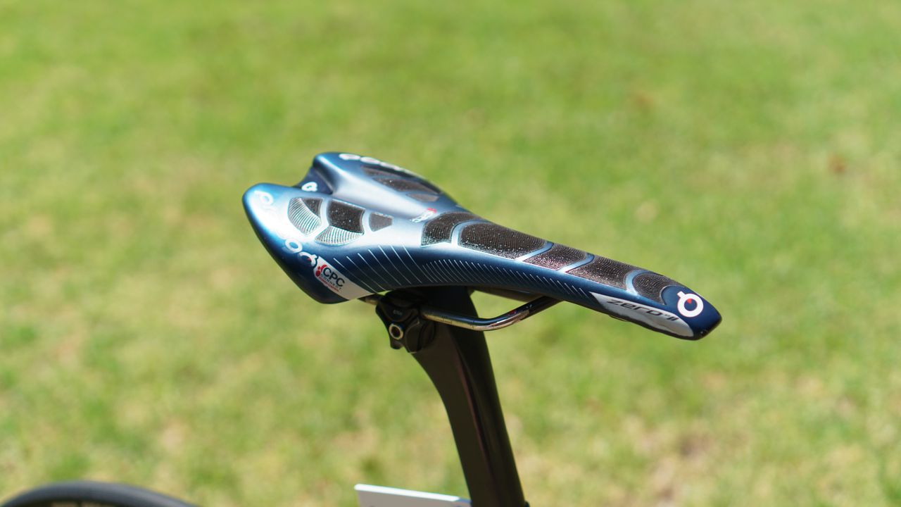 Jackson has her Prologo saddle slammed forwards on the rails
