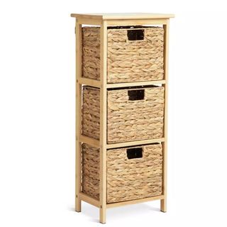 slim wooden storage unit with woven baskets