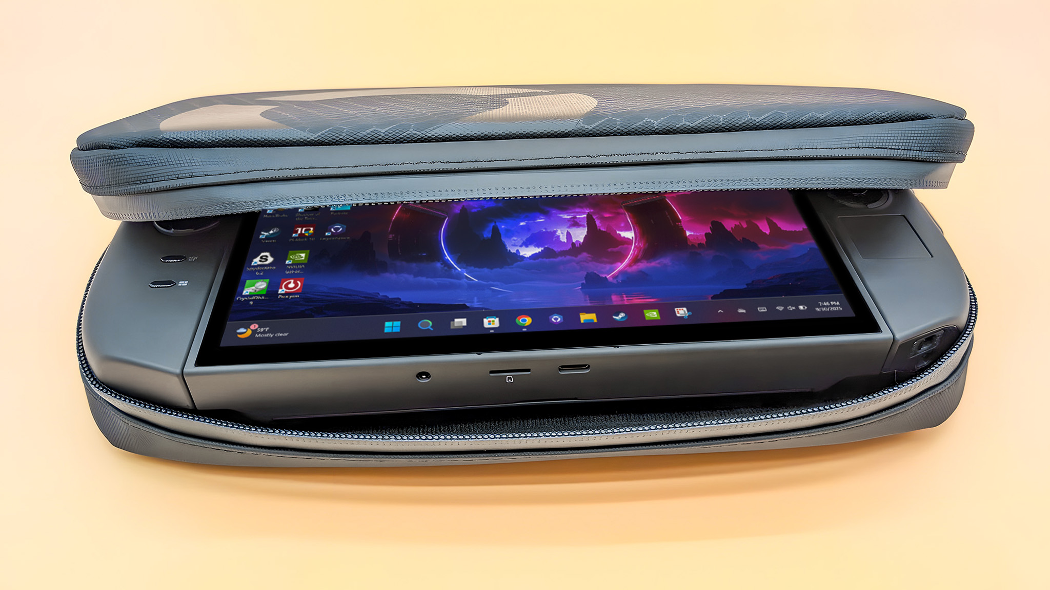 The Lenovo Legion Go 2 in its case with the case lid partially covering the handheld. 