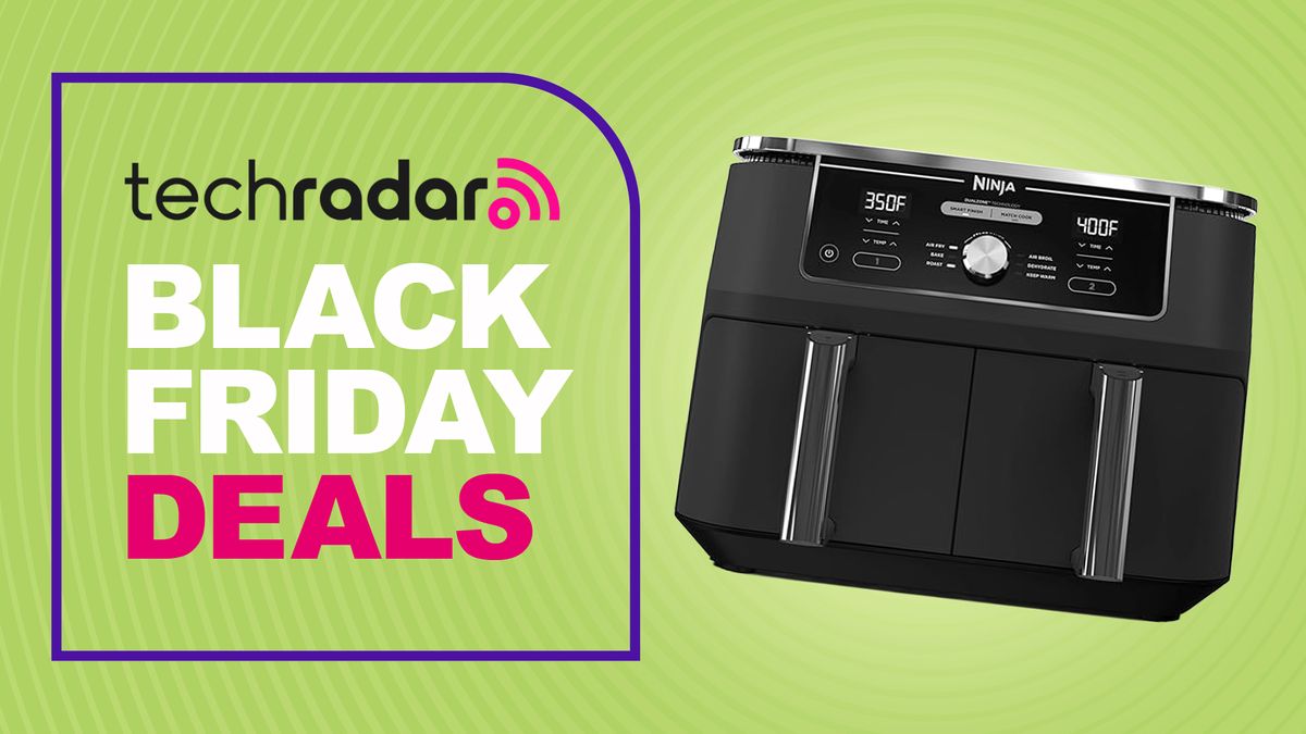 Ninja air fryer on green background with text reading &#039;TechRadar Black Friday Deals&#039;