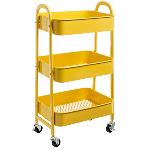 Doeworks 3 Tier Storage Trolley on Wheels Rolling Kitchen Trolley Craft Trolleys Beauty Trolleys Metal Storage Utility Cart for Books Room Bathroom Office, Yellow