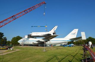 Mated together, Space Center Houston's replica space shuttle Independence and NASA's historic Shuttle Carrier Aircraft will open to the public in 2015. Click here for more photos.