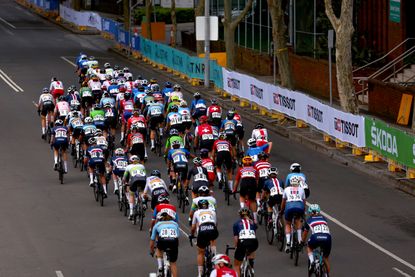 The women&#039;s peloton during the road race at the 2022 World Championships