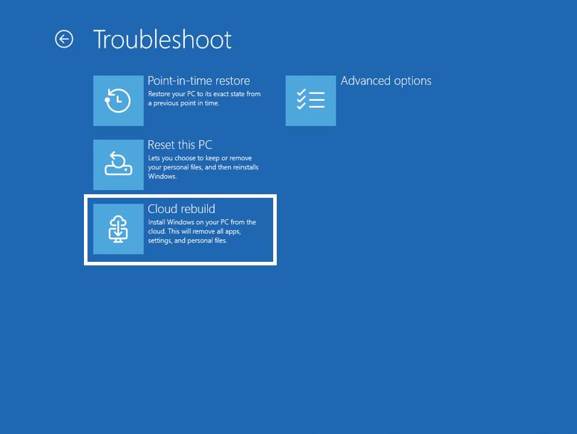 The Cloud rebuild feature available in Windows Recovery