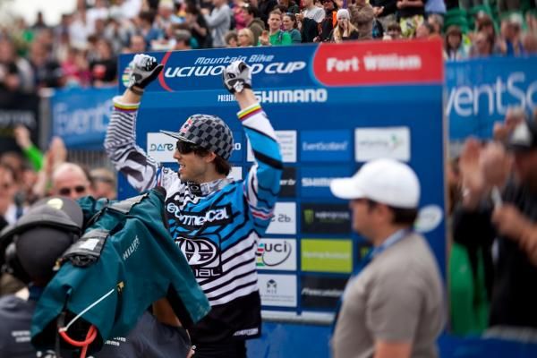 Gee Atherton celebrates at Fort William in 2010