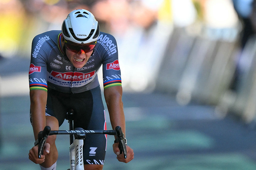 Alpecin - Deceuninck team's Dutch rider Mathieu van der Poel cycles to the finish line of the 11th stage of the 112th edition of the Tour de France cycling race, 156.8 km starting and finishing in Toulouse, southwestern France, on July 16, 2025. (Photo by Marco BERTORELLO / AFP) (Photo by MARCO BERTORELLO/AFP via Getty Images)