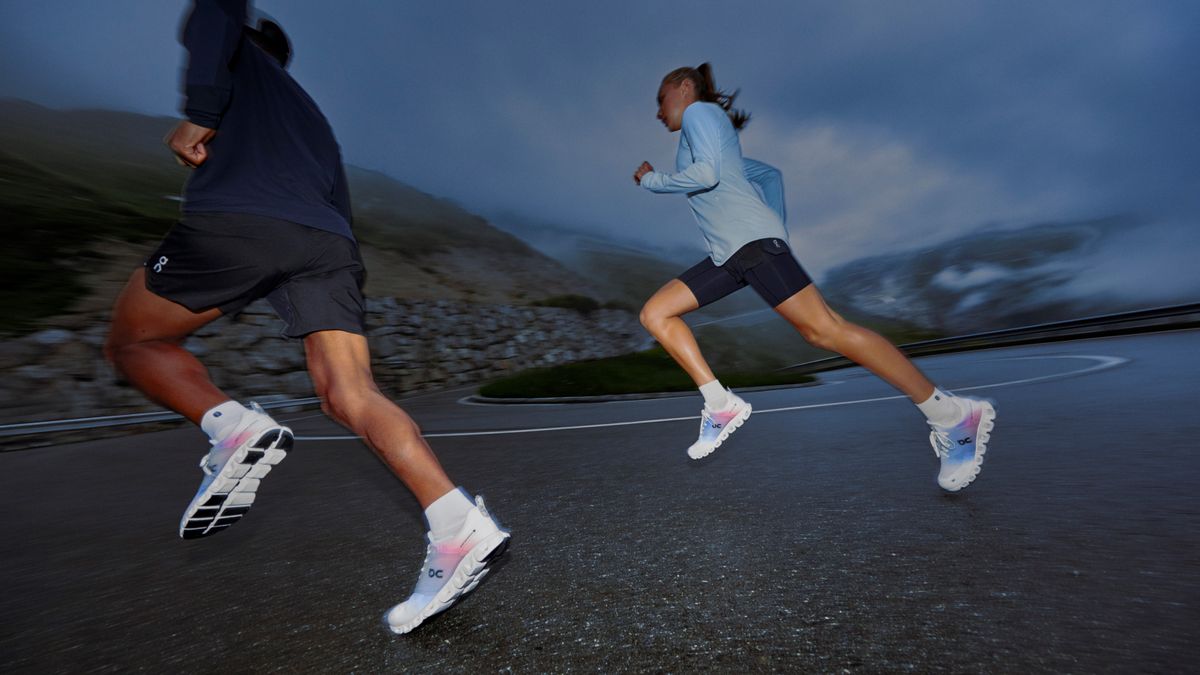 Man and woman running wearing On Cloudprime shoes