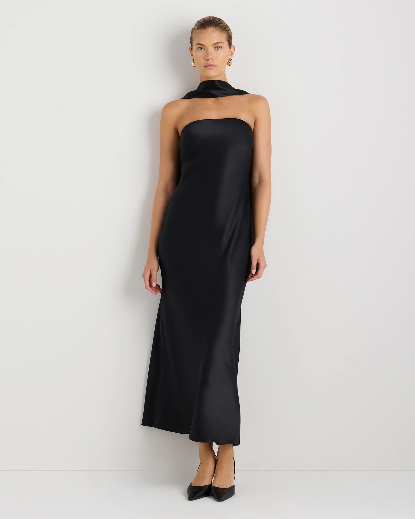 Quince, 100% Washable Silk Strapless Scarf Maxi Dress in Black