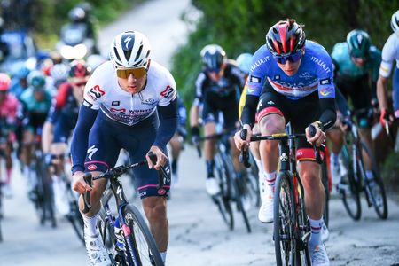 FERMO, ITALY - MARCH 11: (L-R) Remco Evenepoel of Belgium and Team Quick-Step - Alpha Vinyl White Best Young Rider Jersey aTadej Pogacar of Slovenia and UAE Team Emirates Blue Leader Jersey during the 57th Tirreno-Adriatico 2022, Stage 5 a 155km stage from Sefro to Fermo 317m / #TirrenoAdriatico / #WorldTour / on March 11, 2022 in Fermo, Italy. (Photo by Tim de Waele/Getty Images)