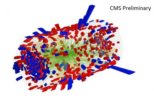 trajectory of subatomic particles produced inside the large hadron collider