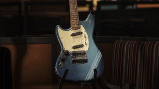 Kurt Cobain's 1969 Fender Mustang electric guitar photographed at Hard Rock Cafe on April 28, 2022 in London, England