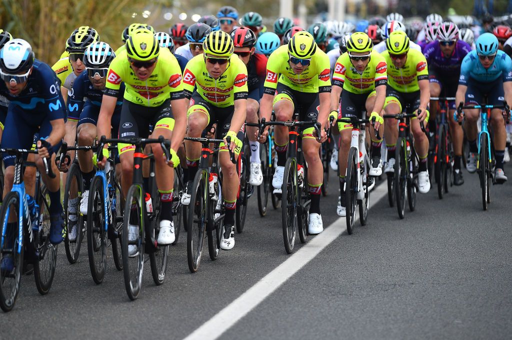 TORREVIEJA SPAIN FEBRUARY 05 Stanislaw Aniolkowski of Poland and Team Bingoal Pauwels Sauces WB and teammates compete during the 73rd Volta A La Comunitat Valenciana 2022 Stage 4 a 1931km stage from Orihuela to Torrevieja VCV2022 on February 05 2022 in Torrevieja Spain Photo by Dario BelingheriGetty Images