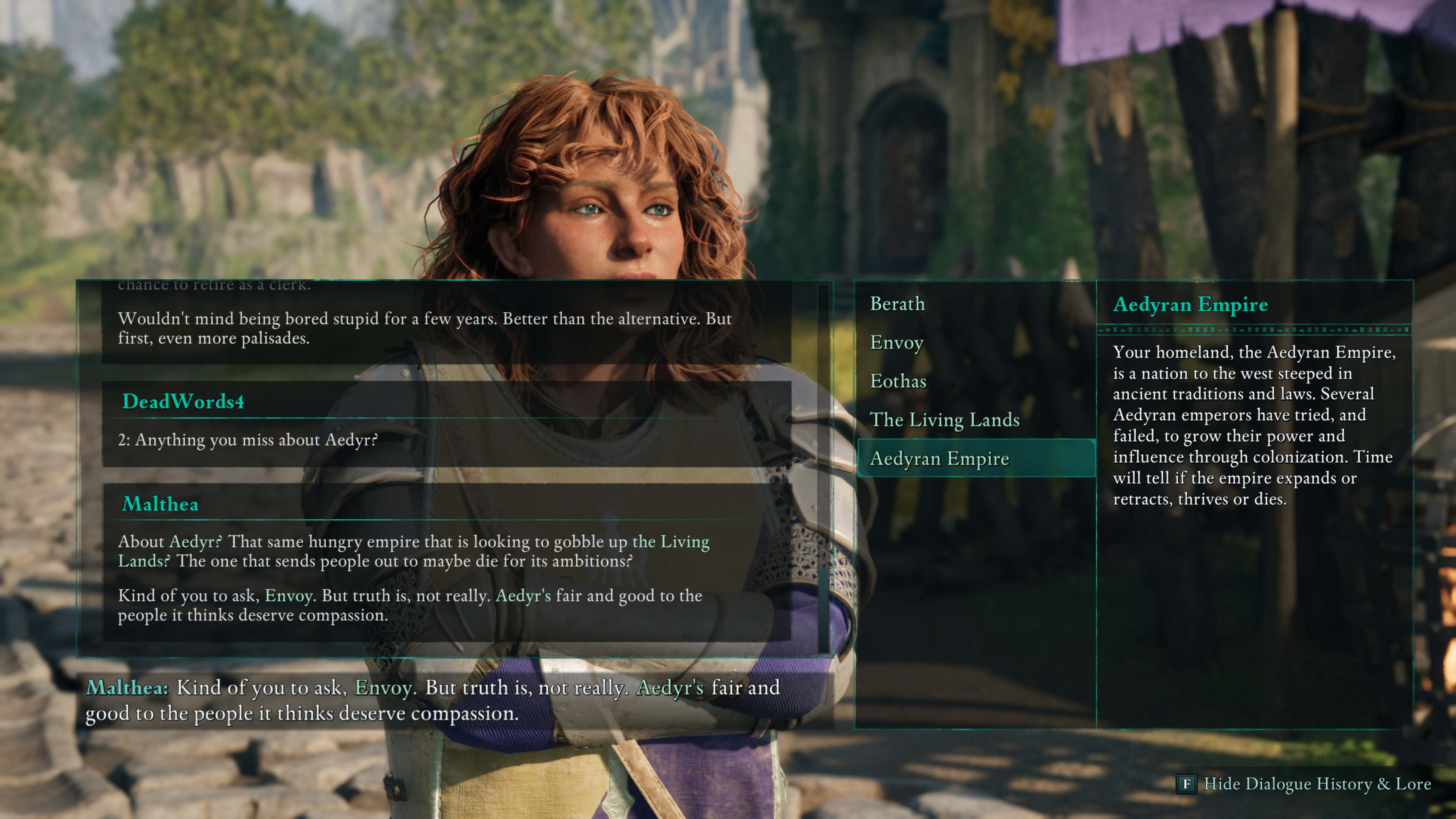 Screenshot of Avowed on PC showing the dialogue history menu, which also lists lore and definitions for key terms.