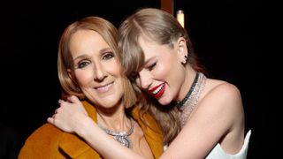 Celine Dion and Taylor Swift hugging backstage at the Grammys