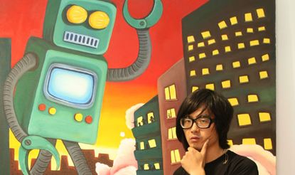 Peng Lei in front of a piece of artwork depicting a robot and high-rise buildings