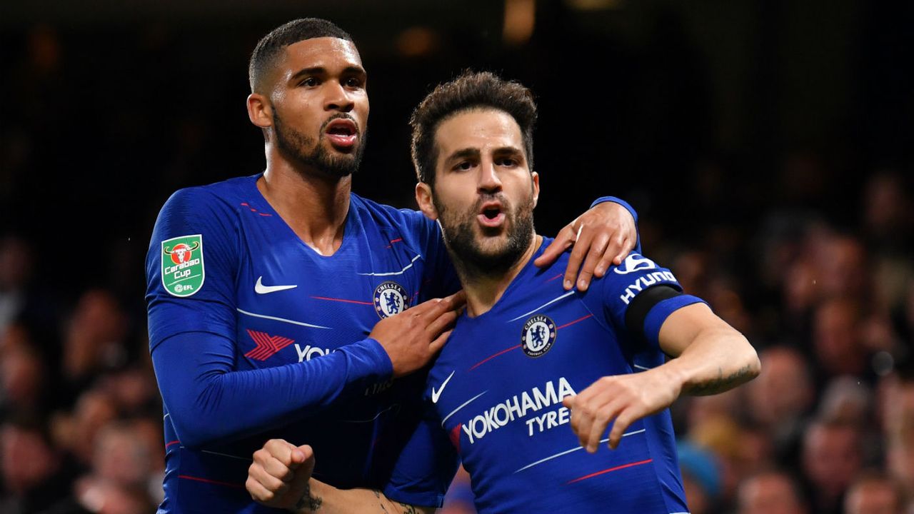 Chelsea midfielder Cesc Fabregas celebrates the winning goal against Derby County