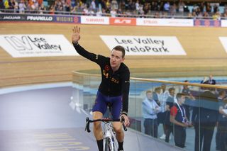 Bradley Wiggins of Great Britain and Team Wiggins celebrates after breaking the UCI One Hour Record at Lee Valley Velopark Velodrome.