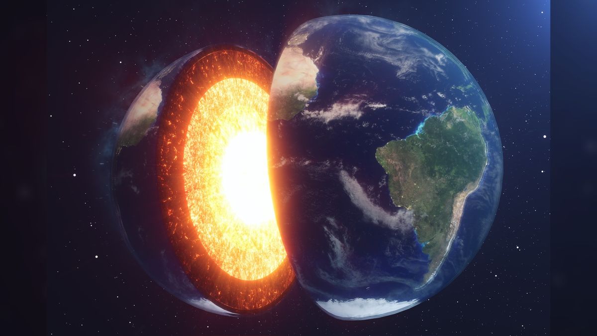 Structure of the Earth&#039;s core against a space background.