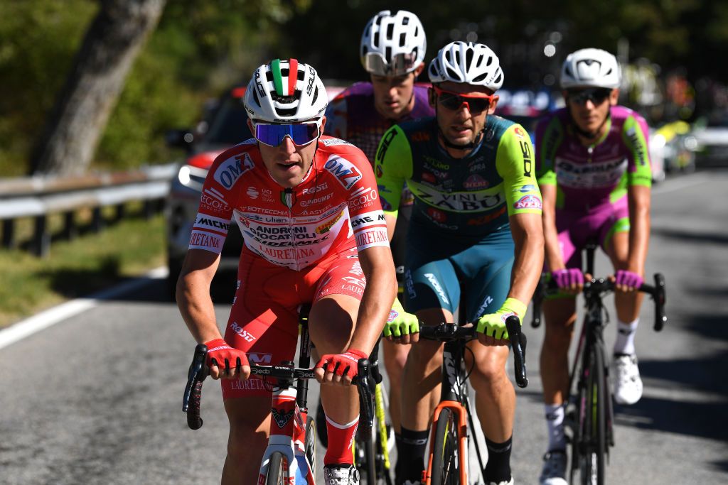 MATERA ITALY OCTOBER 08 Mattia Bais of Italy and Team Androni Giocattoli Sidermec Marco Frapporti of Italy and Team Vini Zabu KTM Filippo Zana of Italy and Team Bardiani CSF Faizane James Whelan of Australia and Team EF Pro Cycling Breakaway during the 103rd Giro dItalia 2020 Stage 6 a 188km stage from Castrovillari to Matera 401m girodiitalia Giro on October 08 2020 in Matera Italy Photo by Tim de WaeleGetty Images