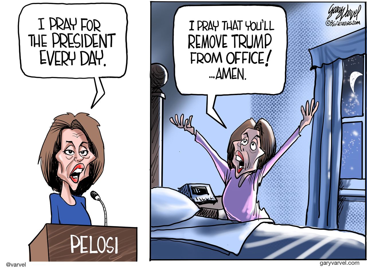 Political Cartoon U.S. Nancy Pelosi Trump Speaker of the House prayer impeachment removal