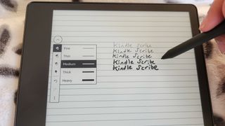 Writing samples showing the five pen thicknesses on the Amazon Kindle Scribe