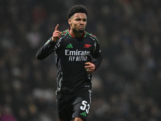 PRESTON, ENGLAND - OCTOBER 30: Ethan Nwaneri celebrates scoring the 2nd Arsenal goal during the Carabao Cup Fourth Round match between Preston North End and Arsenal at Deepdale on October 30, 2024 in Preston, England. (Photo by Stuart MacFarlane/Arsenal FC via Getty Images)