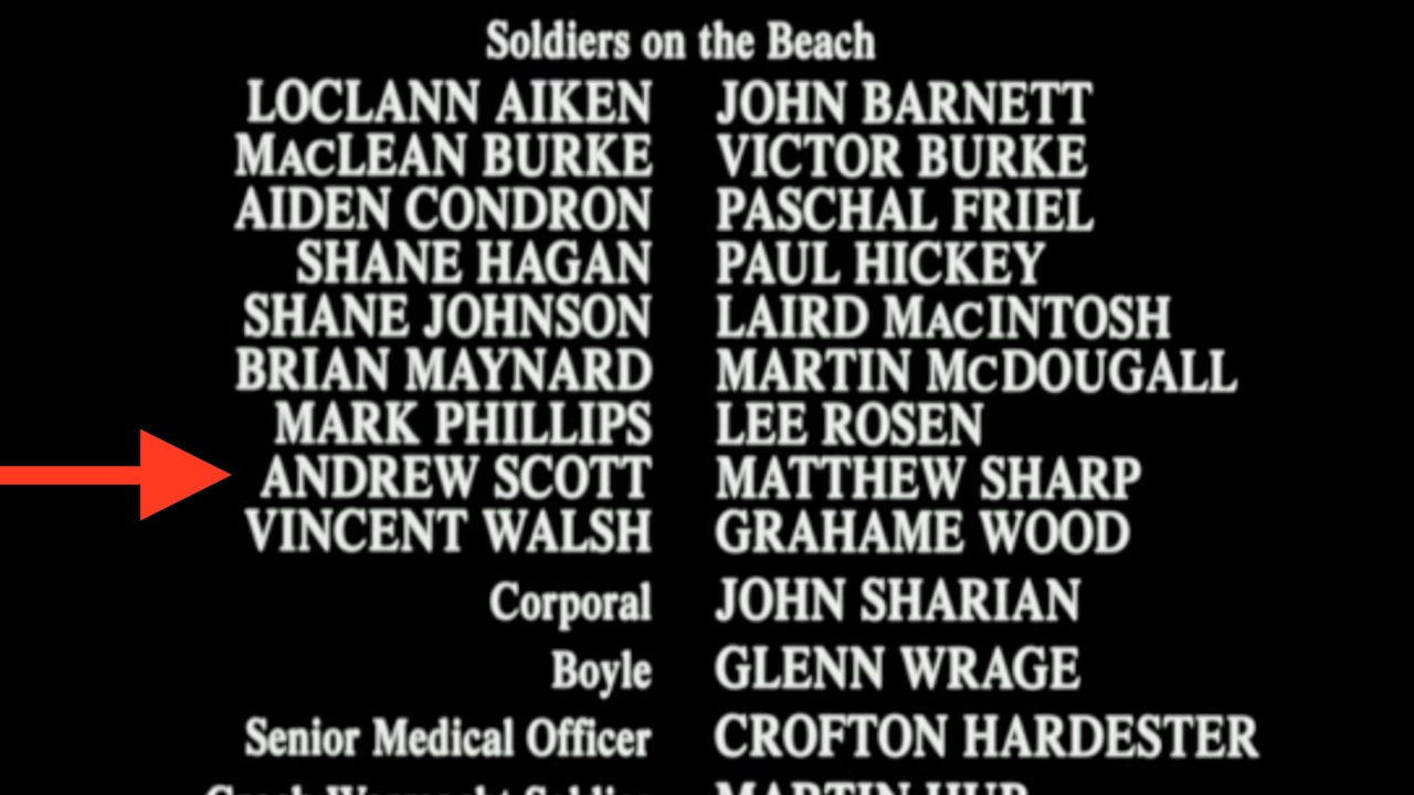 Closing credits with arrow pointing to Andrew Scott's name in Saving Private Ryan