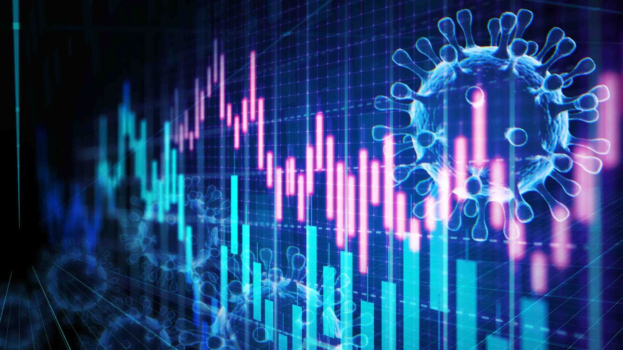 Concept art of a stock chart with a COVID virus behind it