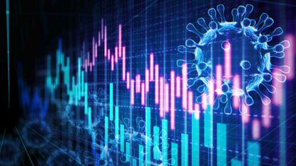 Concept art of a stock chart with a COVID virus behind it